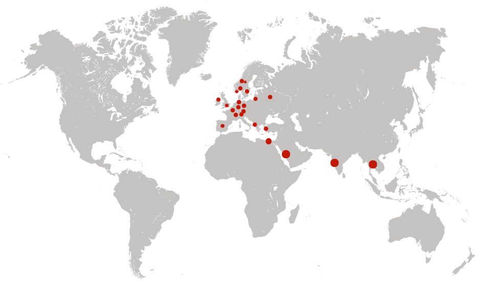 Prikkerne viser hvor Copenhagen Drummers har spillet rundt om i verden